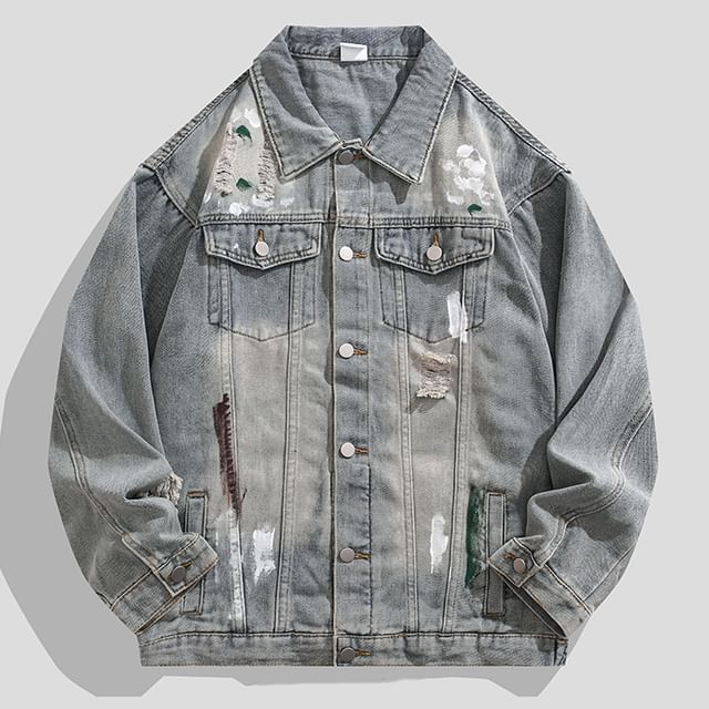 purplelouve-Collared Washed Denim Button Jacket