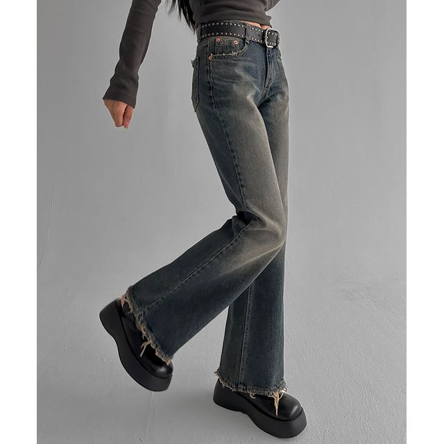 SIMPLY MOOD Fray-Hem Boot-Cut Jeans YesStyle
