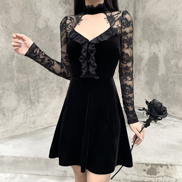 Korean Slim Lace Long Sleeve Cocktail Dress 2018 WOW!NITE Long-Sleeve  Square-Neck Tiered Mini