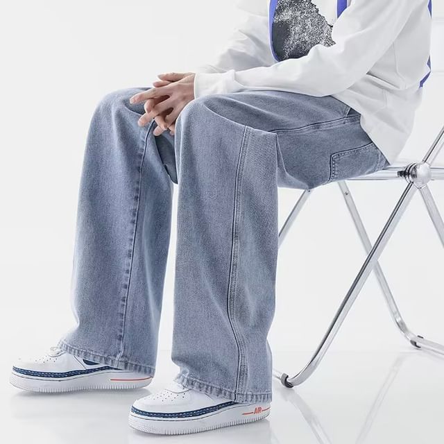 Wewewow-Drawstring Waist Washed Straight Leg Jeans