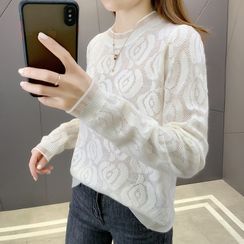 MEIDOR - Long-Sleeve Cut-Out Lace Panel Printed Knit Sweater