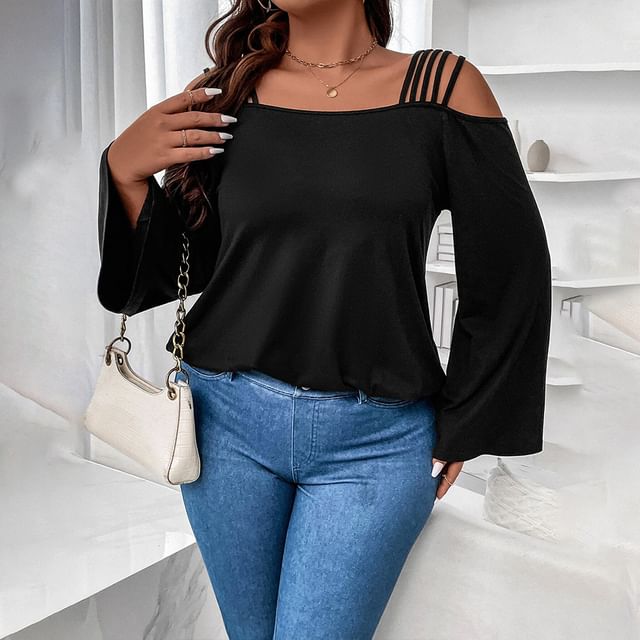 PlusPretty-Plus Size Long-Sleeve Cold-Shoulder Plain T-Shirt