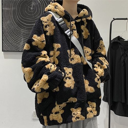 Bear print best sale sherpa hoodie