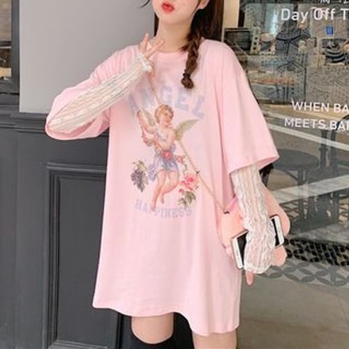 Printed Short-Sleeve T-Shirt / Long-Sleeve Lace Top