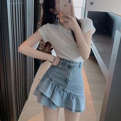 Bravvo - Crew-Neck Short-Sleeve T-Shirt / Ruffle Hem Denim Mini A-Line Skirt Bravvo - Crew-Neck Short-Sleeve T-Shirt / Ruffle Hem Denim Mini A-Line Skirt