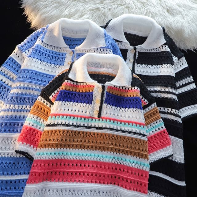 Plummie-Elbow-Sleeve Collared Striped Perforated Knit Top