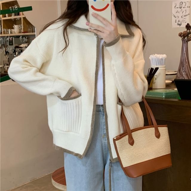 Shinsei-Plain Contrast Trim Ribbed Zip Cardigan