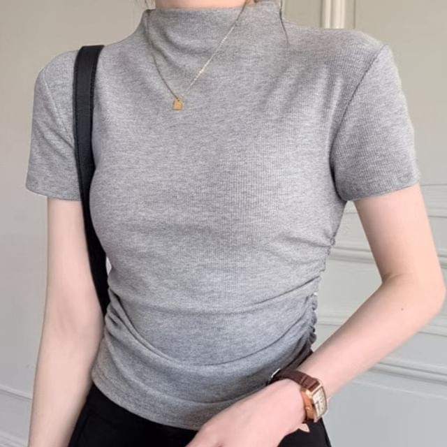 monroll-Short-Sleeve Mock Neck Plain Crop Tee
