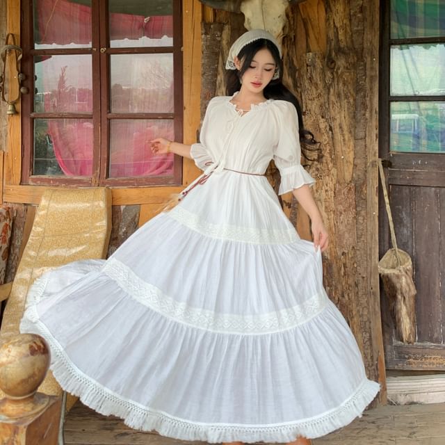 chinese dress ladies Floerns Women's Boho Square Neck Puff Short Sleeve Self Tie Front A Line  Dress A Pink XS at Amazon Women's Clothing store