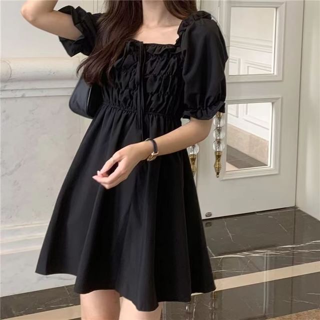 Everose-Short-Sleeve Square Neck Plain Mini A-Line Dress