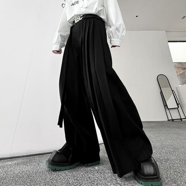 Patow-High Waist Plain Pleated Wide Leg Pants