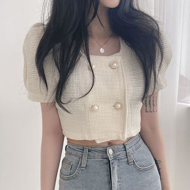 Coris-Puff-Sleeve Plain Cropped Blouse