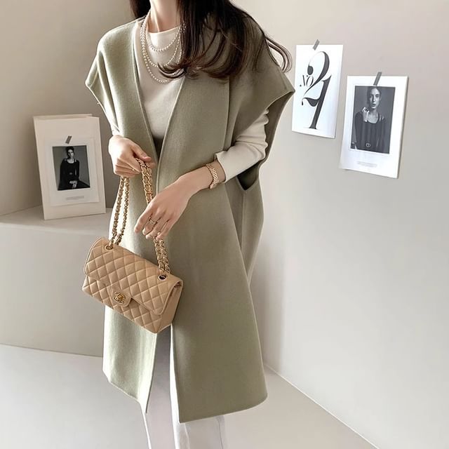 INEN-Sleeveless Collarless Plain Open Front Long Vest