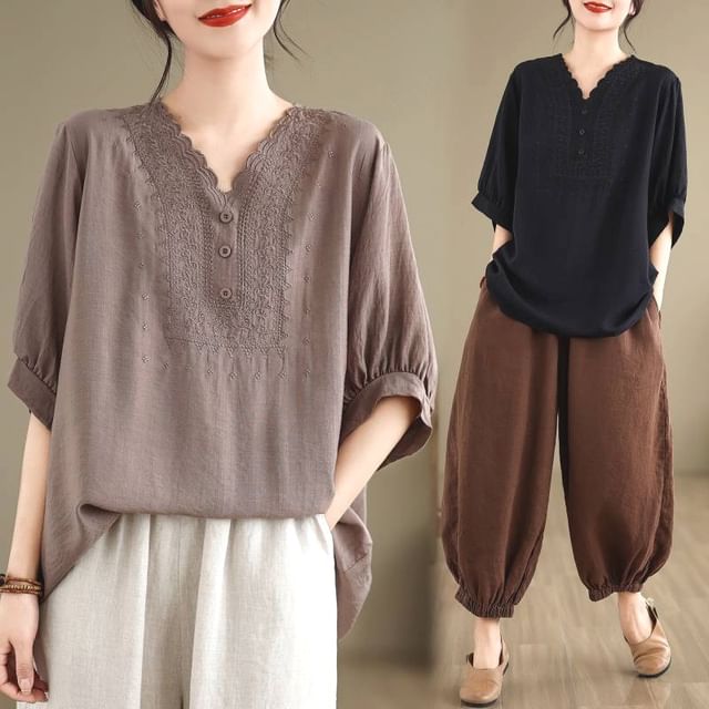Lewwe-Elbow-Sleeve V-Neck Linen Blouse