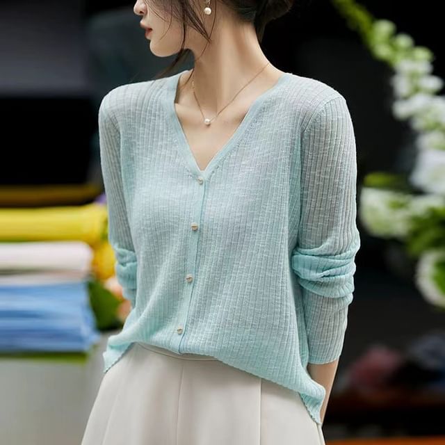 INEN-V-Neck Ribbed Cardigan