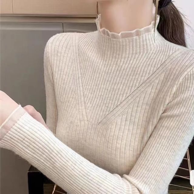 Faiar-Ruffle Neck Long Sleeve Ribbed Knit Top