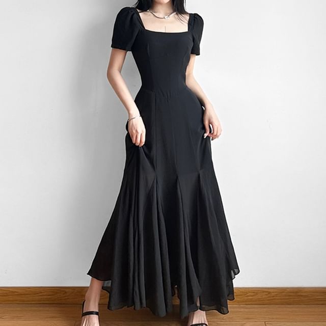 Puffie - Short-Sleeve Square Neck Plain Satin Maxi A-Line Dress | YesStyle