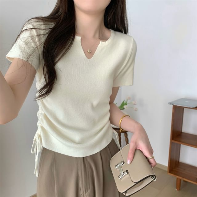 Dragan Pulse-Short-Sleeve Notch Neck Drawstring Ribbed Knit Top