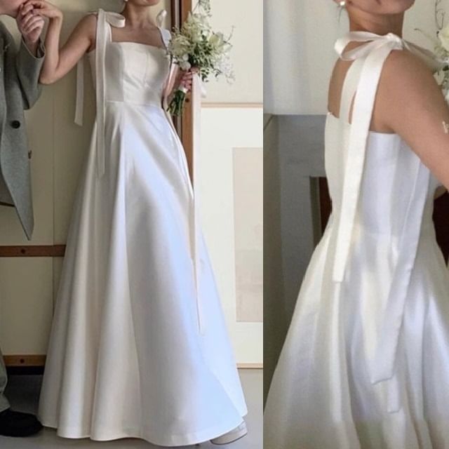 DreesHouse-Sleeveless Glossy Plain A-Line Wedding Gown