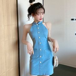 Aetherial - Halter-Neck Mini Sheath Denim Dress Aetherial - Halter-Neck Mini Sheath Denim Dress