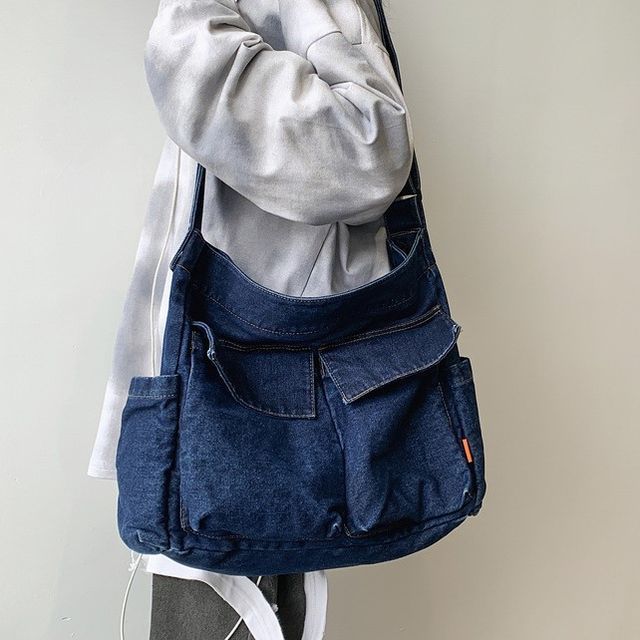 Hikuozy-Multi-Pocket Denim Crossbody Bag