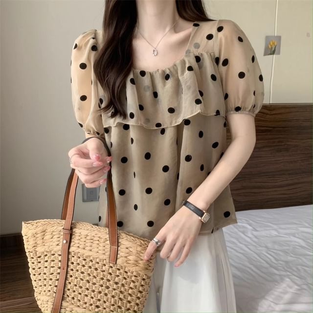 Cloud Nine-Short Sleeve Square Neck Dotted Ruffle Blouse
