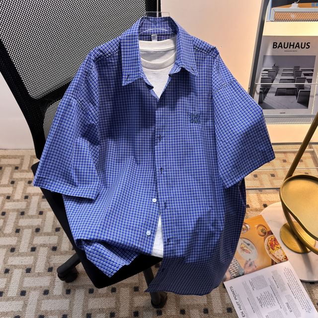 Plummie-Short-Sleeve Plaid Button-Up Shirt