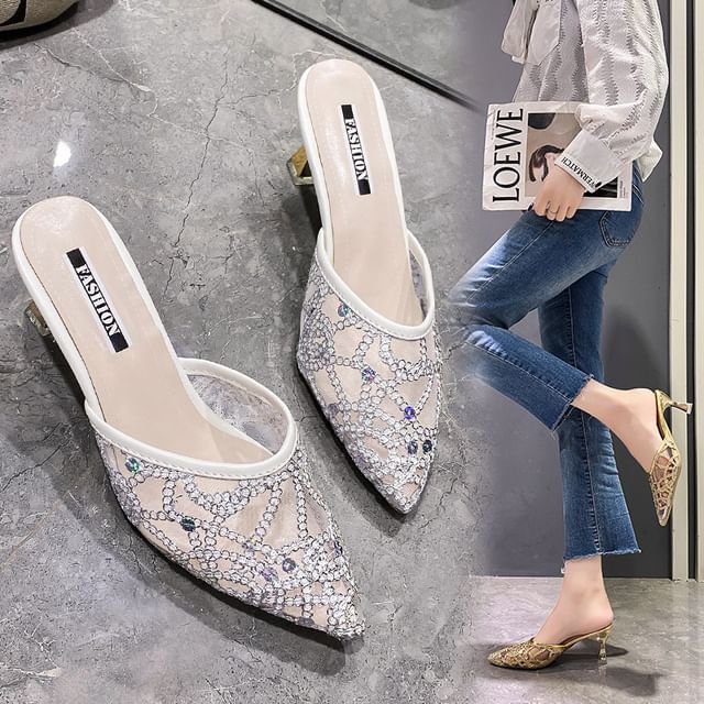 Anran-Rhinestone Mesh Pointed Toe Kitten Heel Mules