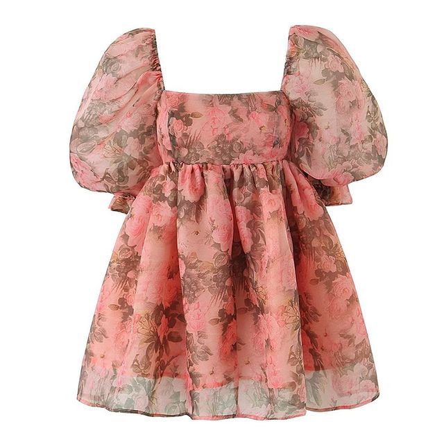 SugaYuja - Puff-Sleeve Square-Neck Floral Print Mini A-Line
