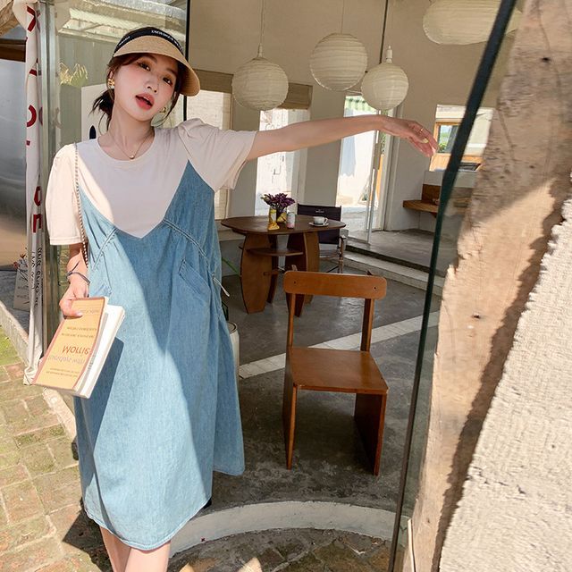 Verona Sing - Color Block Panel Mock Two-Piece Denim Dress | YesStyle