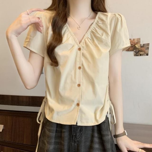 Sisyphi-Short-Sleeve V-Neck Button-Up Plain Blouse