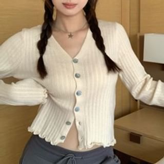 Closette-V-Neck Plain Ribbed Button-Up Cardigan