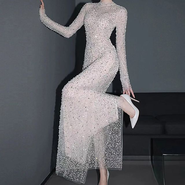 princess polly baby blue dress BEADED JEWEL NECK DRESS WITH LONG SLEEVES – Naeem Khan main image 0