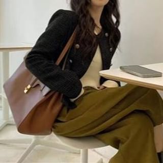 Everose-Crew Neck Double-Breasted Tweed Crop Jacket