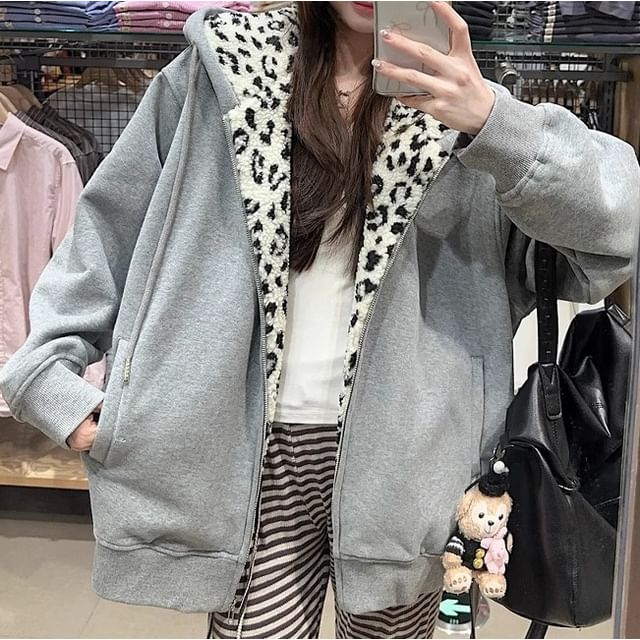 Trendycas-Leopard Print Panel Zip Hoodie