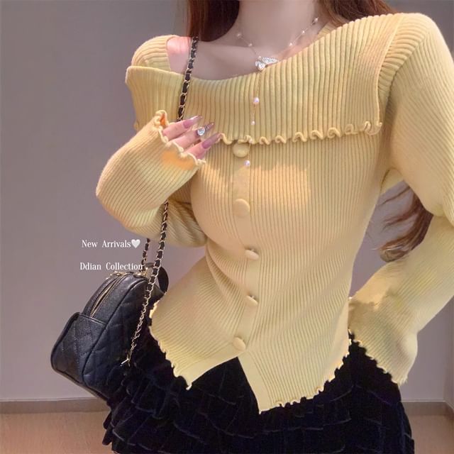 Trendycas-Long-Sleeve Off Shoulder Buttoned Plain Knit Top