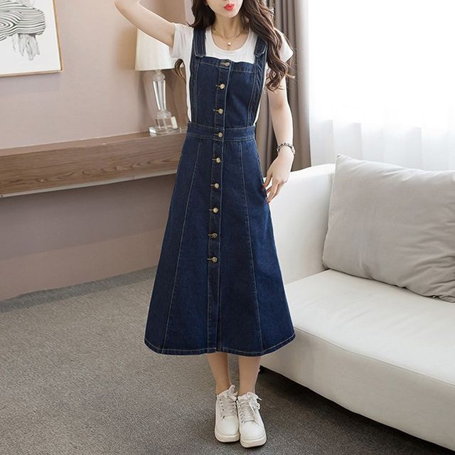 Areumdaun - Denim Midi A-Line Overall Dress | YesStyle