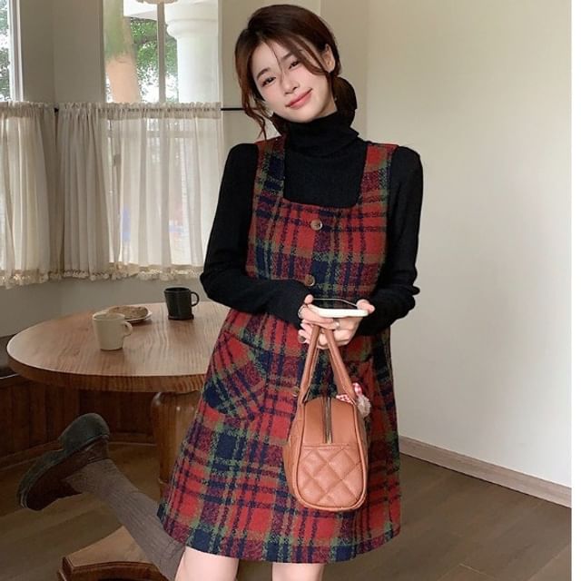 plaid overall mini dress Qolati Plaid Overall Dress for Women Fall Winter Zip Up V Neck Sleeveless Mini Dress Dressy Casual Wide Straps Party Holiday Dresses Brown L, Women's,