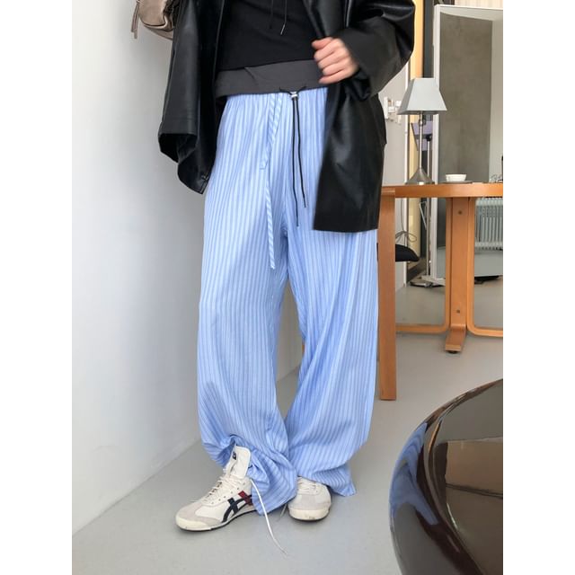 PINPI-Drawstring Waist Striped Wide Leg Pants