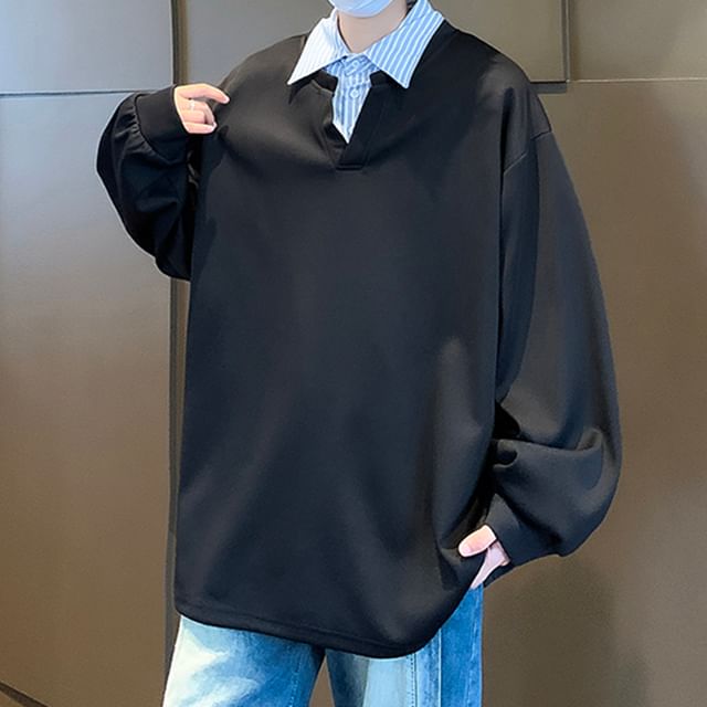 Trimecca-Mock Two-Piece Collared Sweatshirt