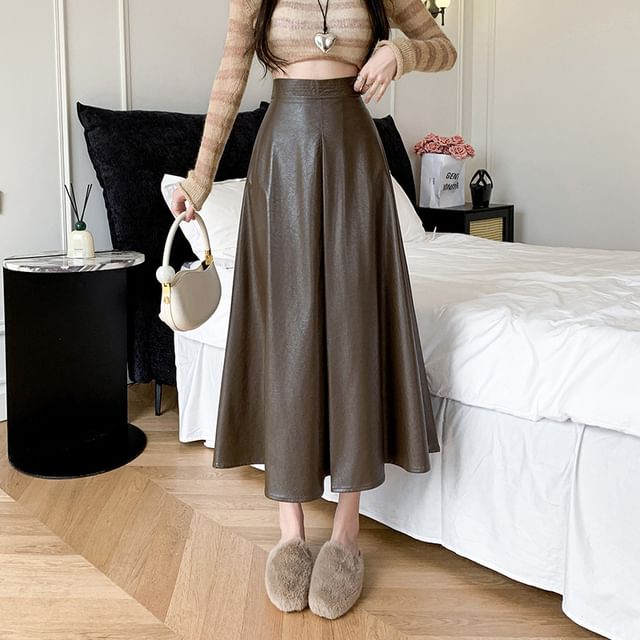 12th Tone - Maternity High Waist Faux Leather Midi A-Line Skirt | YesStyle 12th Tone - Maternity High Waist Faux Leather Midi A-Line Skirt | YesStyle