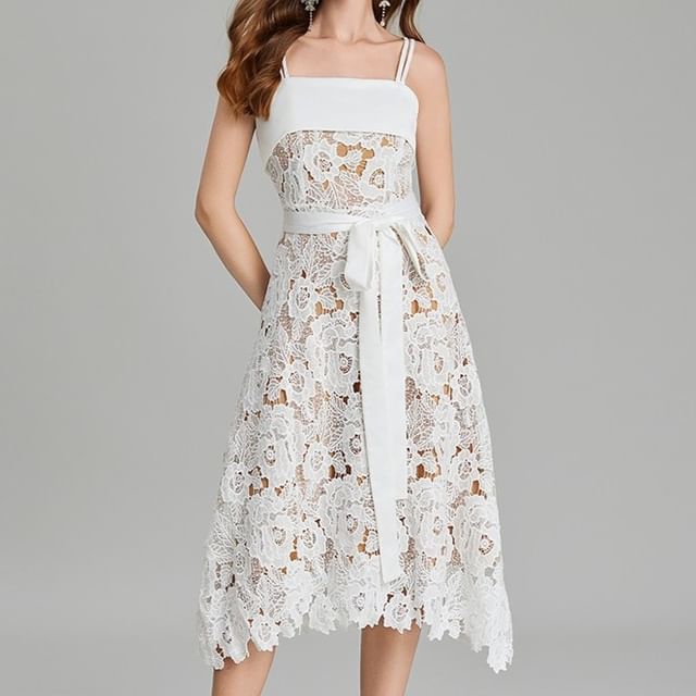 Aurora - Spaghetti Strap Square Neck Plain Tie Waist Open Back Lace Midi  A-Line Dress | YesStyle