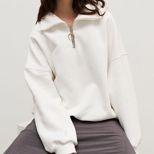 Rosesand-Long Sleeve Half-Zip Plain Oversized Sweatshirt