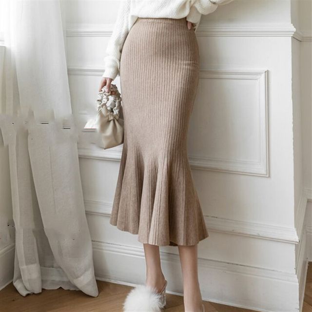 Elastic Waist Plain Ribbed Knit Midi Mermaid Skirt