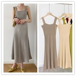 YUNBO - Sleeveless Square Neck Knit Midi Dress