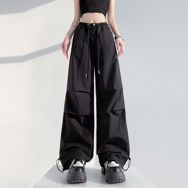Acoustic Rain-Drawstring Waist Plain Baggy Parachute Pants