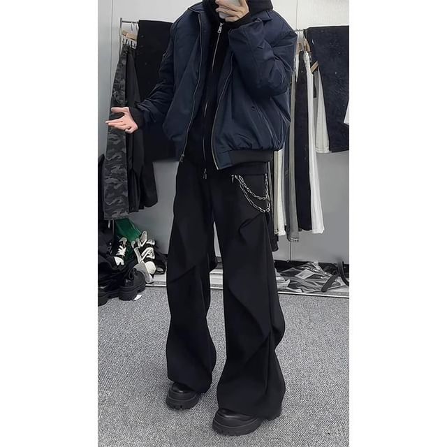 Chuoku-Mid Rise Plain Ruched Wide Leg Pants
