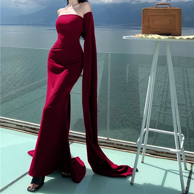 12th Tone - Long-Sleeve Off Shoulder Plain Backless Sheath Evening Gown |  YesStyle