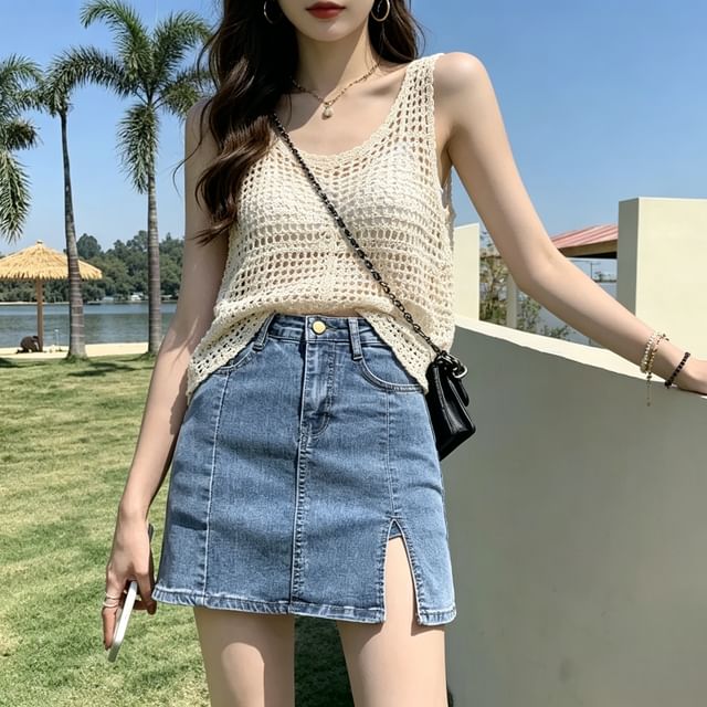 Isaaca-High Waist Side-Slit Denim Skort