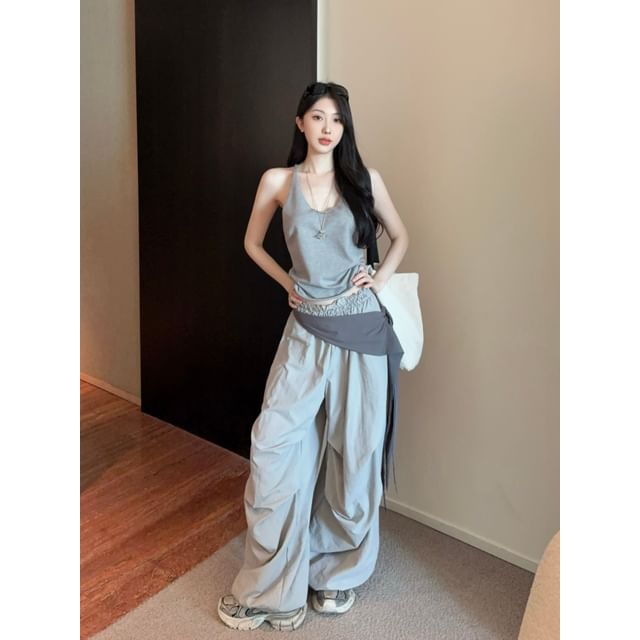 Strawolf-Racerback U-Neck Tank Top Patchwork Baggy Pants